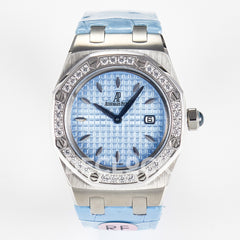 Royal Oak Offshore Ladies 33mm SS DRF Best Edition Blue Dial Diamonds Bezel on Blue Leather Strap