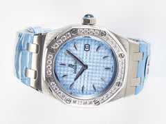 Royal Oak Offshore Ladies 33mm SS DRF Best Edition Blue Dial Diamonds Bezel on Blue Leather Strap