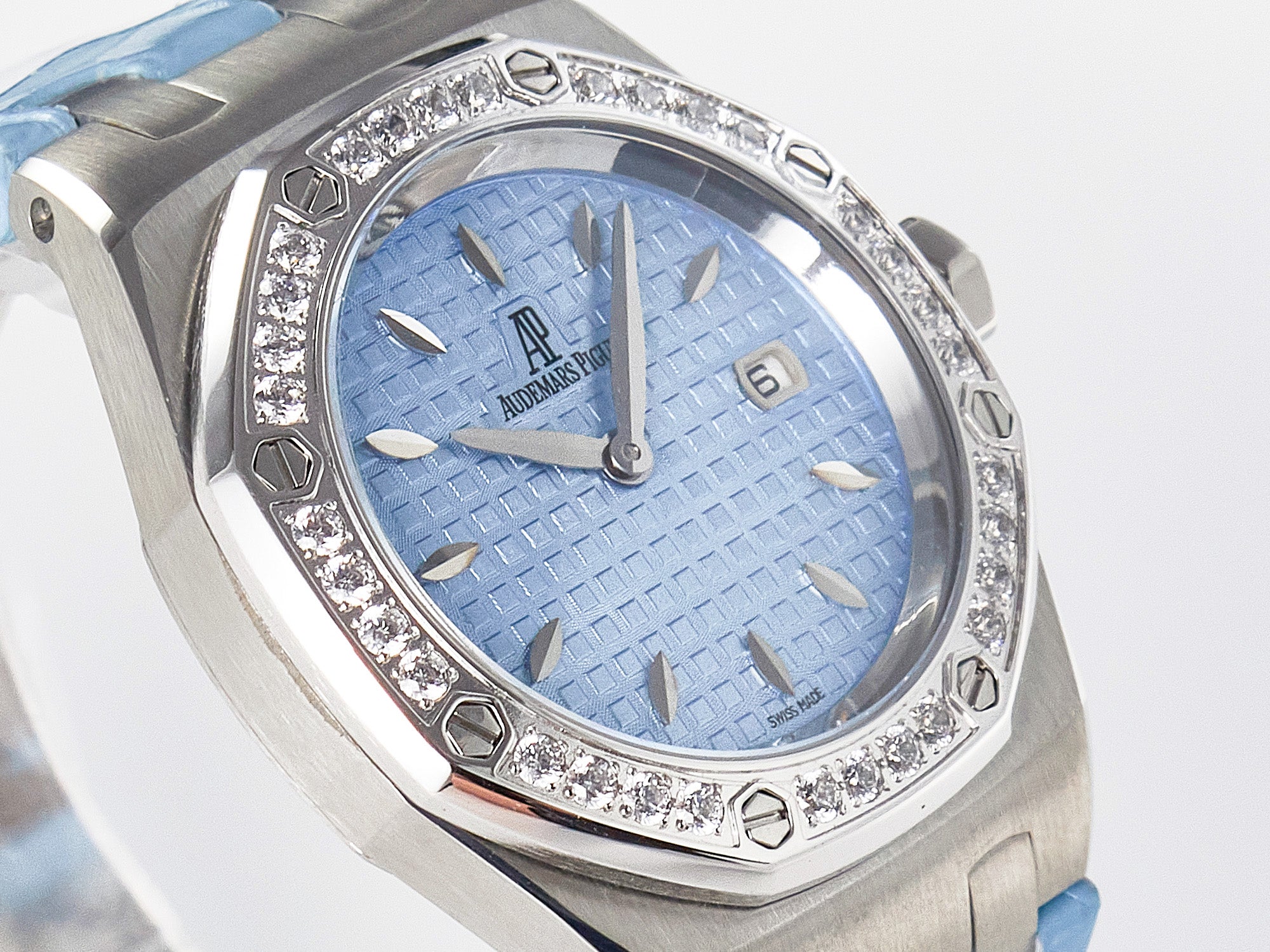 Royal Oak Offshore Ladies 33mm SS DRF Best Edition Blue Dial Diamonds Bezel on Blue Leather Strap