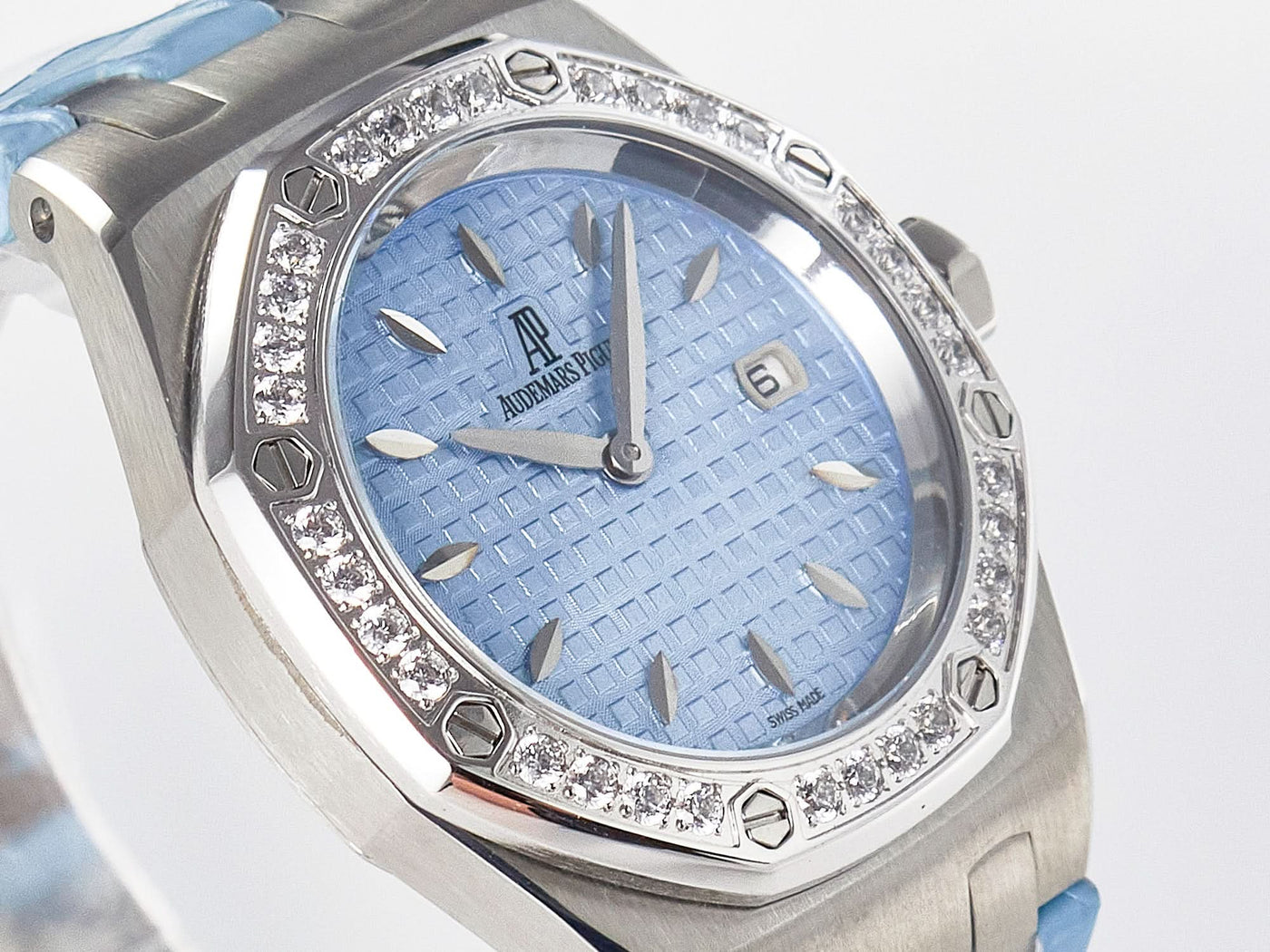 Royal Oak Offshore Ladies 33mm SS DRF Best Edition Blue Dial Diamonds Bezel on Blue Leather Strap