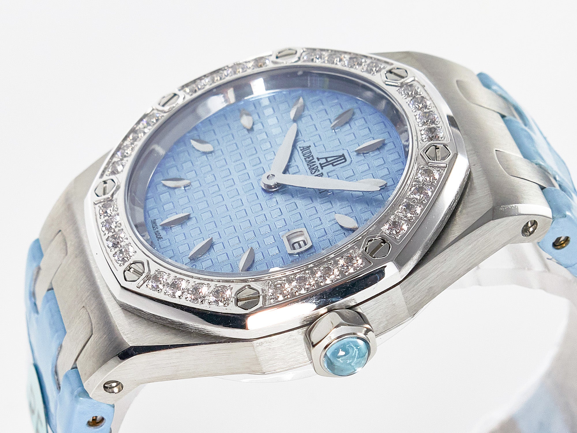 Royal Oak Offshore Ladies 33mm SS DRF Best Edition Blue Dial Diamonds Bezel on Blue Leather Strap