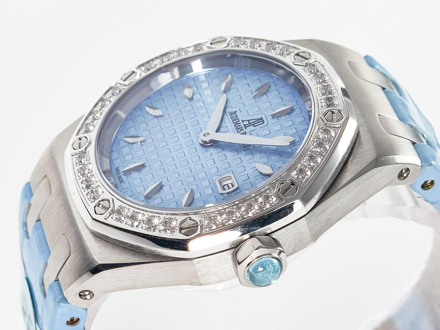 Replica Audemars Pigeut Royal Oak Offshore Ladies 33mm SS DRF Best Edition Blue Dial Diamonds Bezel on Blue Leather Strap |  Declock.