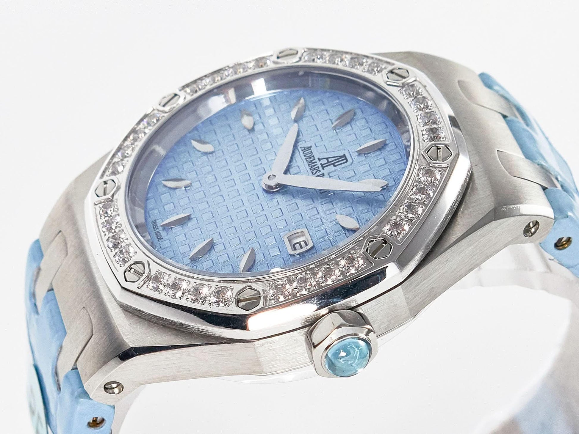 Replica Audemars Pigeut Royal Oak Offshore Ladies 33mm SS DRF Best Edition Blue Dial Diamonds Bezel on Blue Leather Strap |  Declock.