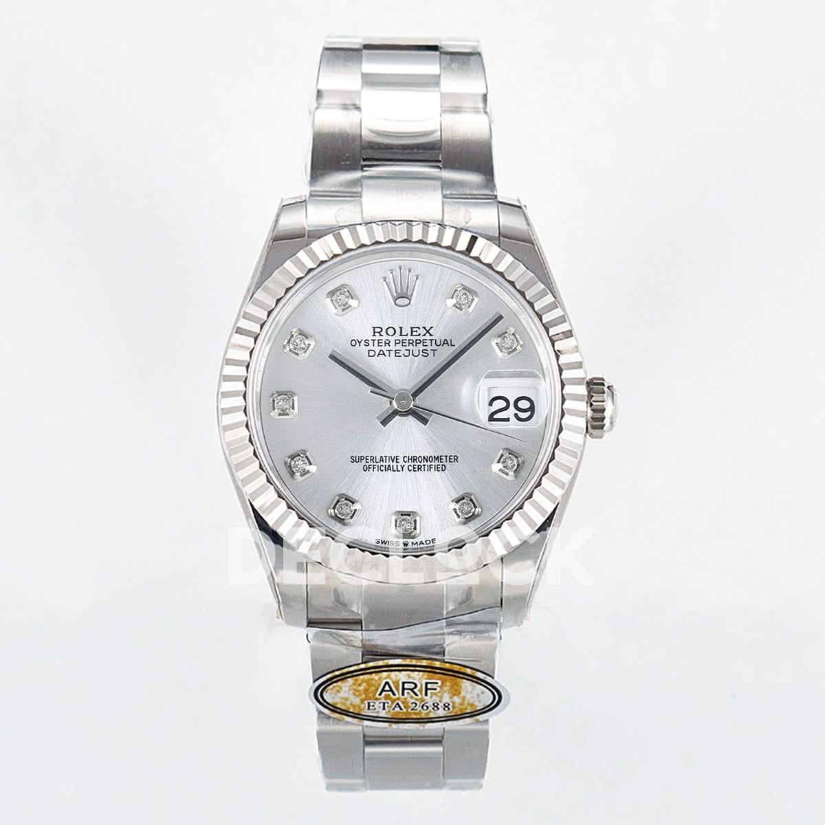 Replica Rolex DateJust 31 278274 ARF 1:1 Best Edition 904L Steel Silver Roman Diamonds Dial on SS Oyster Bracelet ETA 2688 |  Declock.