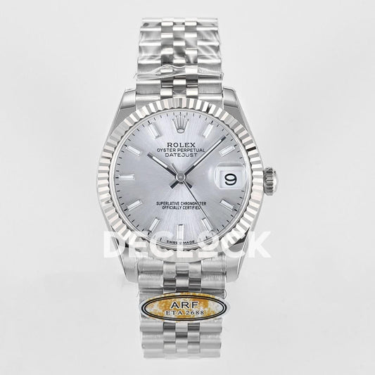 Replica Rolex DateJust 31 278274 ARF 1:1 Best Edition 904L Steel Silver Dial Stick Marker on SS Jubilee Bracelet ETA 2688 |  Declock.
