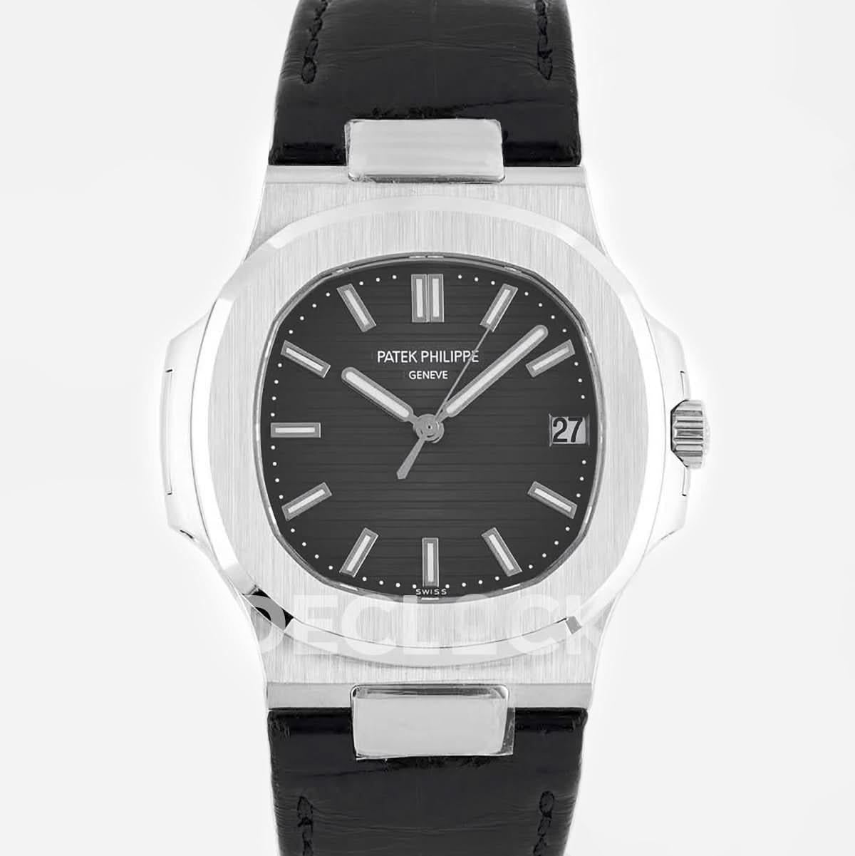 Replica Pattek Philippe Nautilus Jumbo 5711 Black Dial in Steel with Black Leather Strap |  Declock.