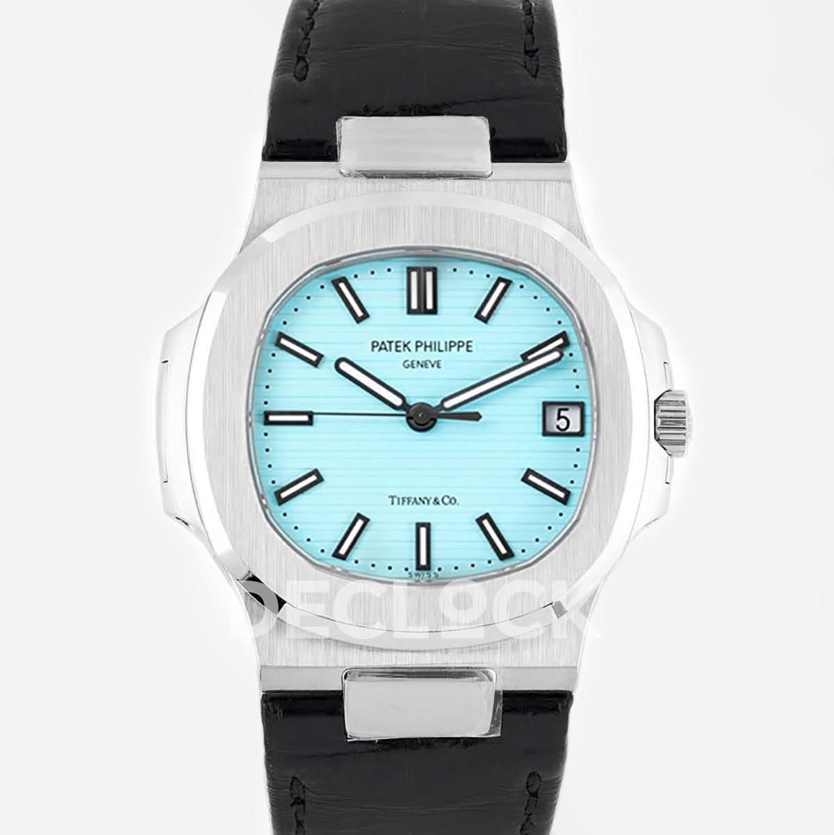 Replica Pattek Philippe Nautilus Jumbo 5711 Tiffany Blue Dial in Steel with Black Leather Strap |  Declock.