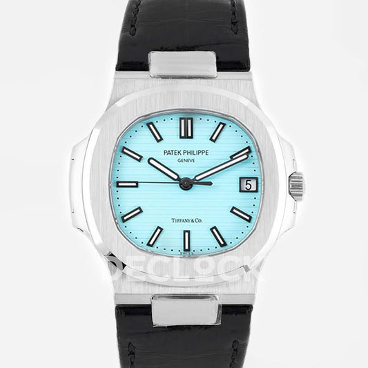 Replica Pattek Philippe Nautilus Jumbo 5711 Tiffany Blue Dial in Steel with Black Leather Strap |  Declock.