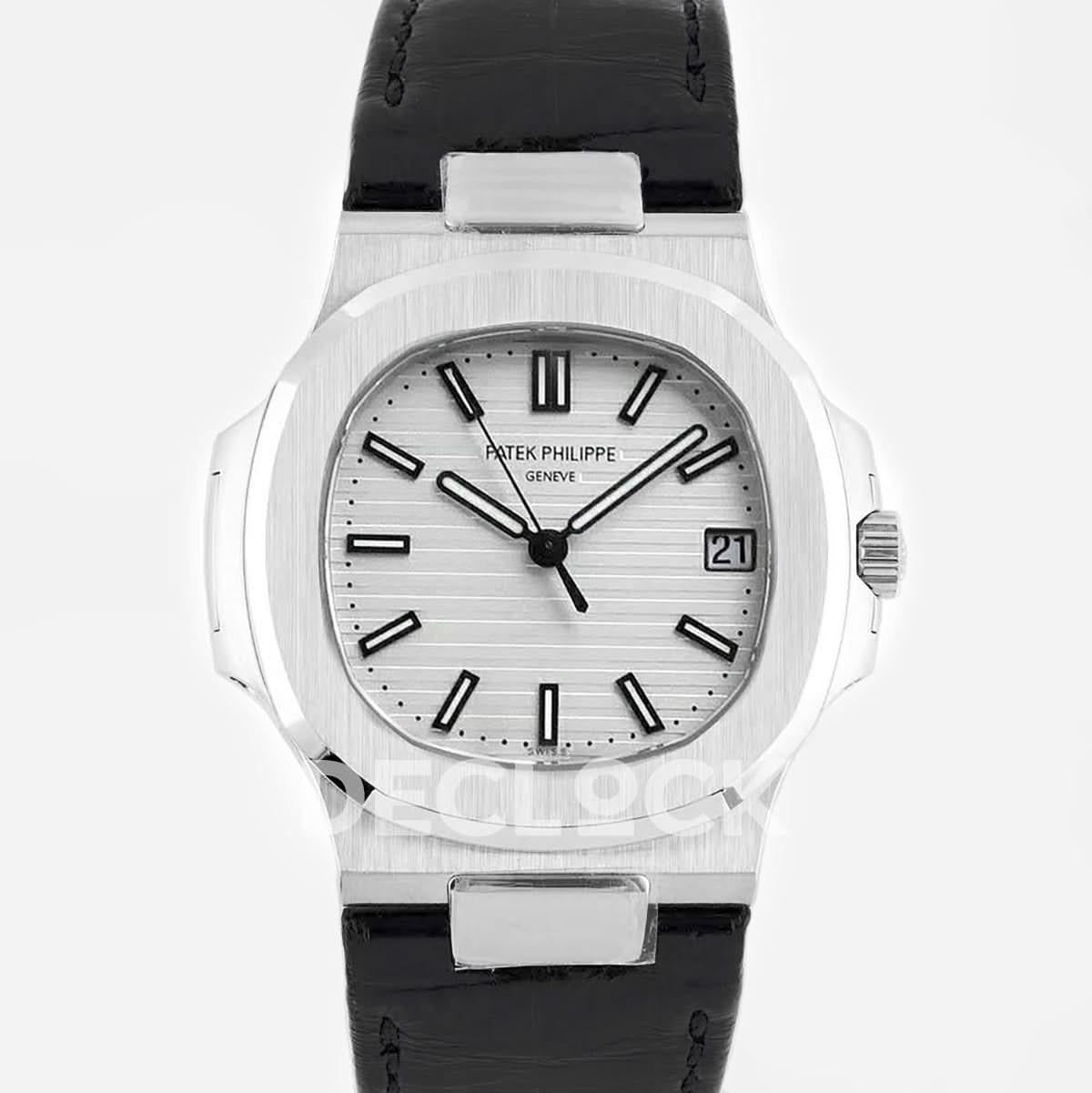 Replica Pattek Philippe Nautilus Jumbo 5711 White Dial in Steel with Black Leather Strap |  Declock.