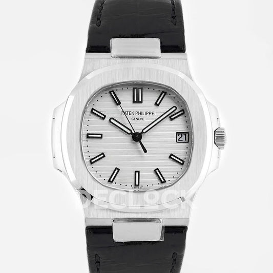 Replica Pattek Philippe Nautilus Jumbo 5711 White Dial in Steel with Black Leather Strap |  Declock.