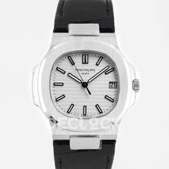 Nautilus Jumbo 5711 White Dial in Steel with Black Leather Strap