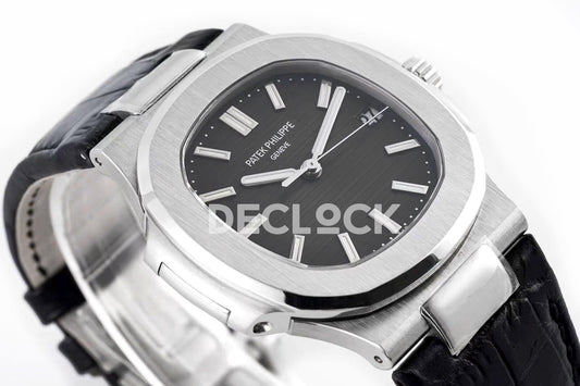 Replica Pattek Philippe Nautilus Jumbo 5711 Black Dial in Steel with Black Leather Strap | Declock.