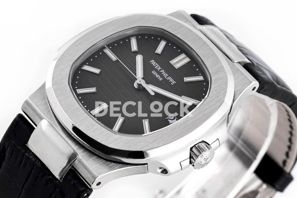 Replica Pattek Philippe Nautilus Jumbo 5711 Black Dial in Steel with Black Leather Strap |  Declock.