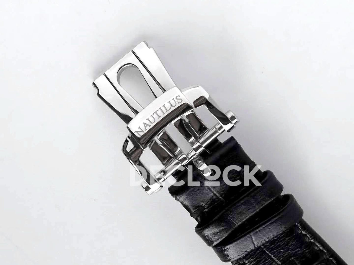 Replica Pattek Philippe Nautilus Jumbo 5711 Black Dial in Steel with Black Leather Strap |  Declock.