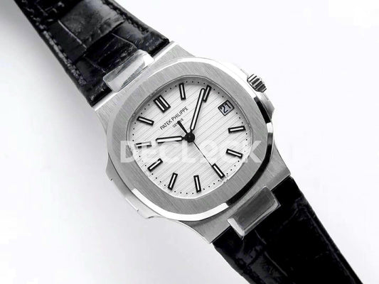 Replica Pattek Philippe Nautilus Jumbo 5711 White Dial in Steel with Black Leather Strap | Declock.