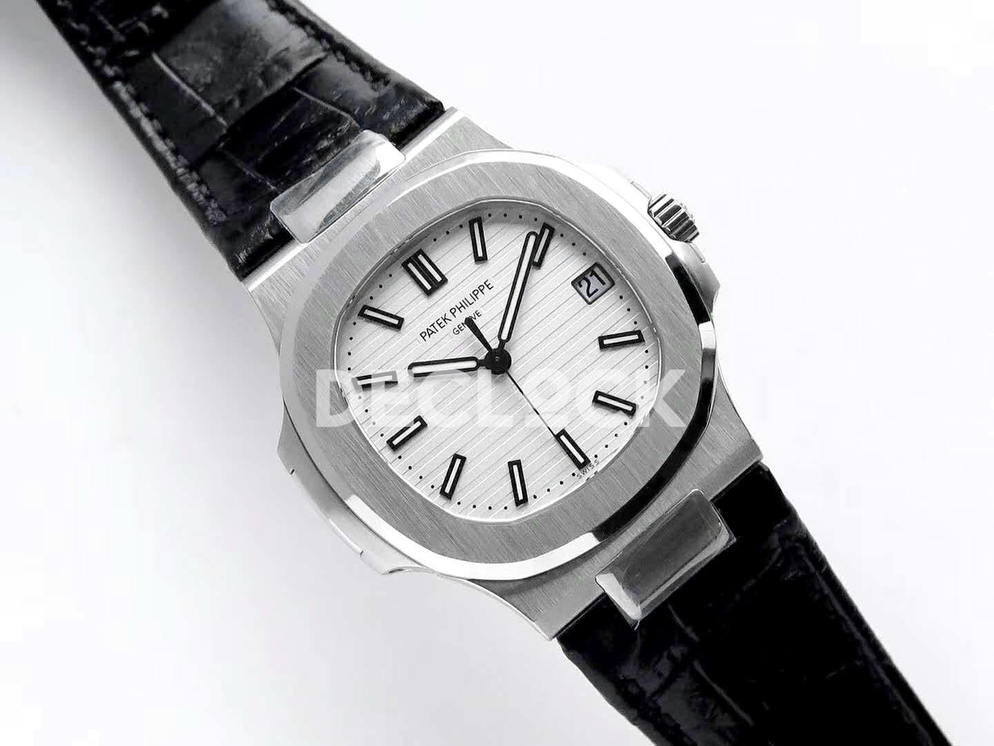 Replica Pattek Philippe Nautilus Jumbo 5711 White Dial in Steel with Black Leather Strap |  Declock.