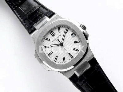 Nautilus Jumbo 5711 White Dial in Steel with Black Leather Strap