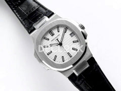 Nautilus Jumbo 5711 White Dial in Steel with Black Leather Strap