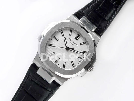 Replica Pattek Philippe Nautilus Jumbo 5711 White Dial in Steel with Black Leather Strap | Declock.
