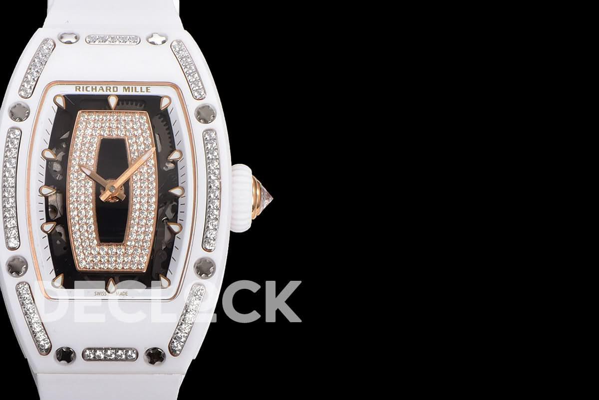 Replica Richard Mille RM 007 Automatic Ladies White Ceramic Diamond Bezel Diamond Jasper |  Declock.