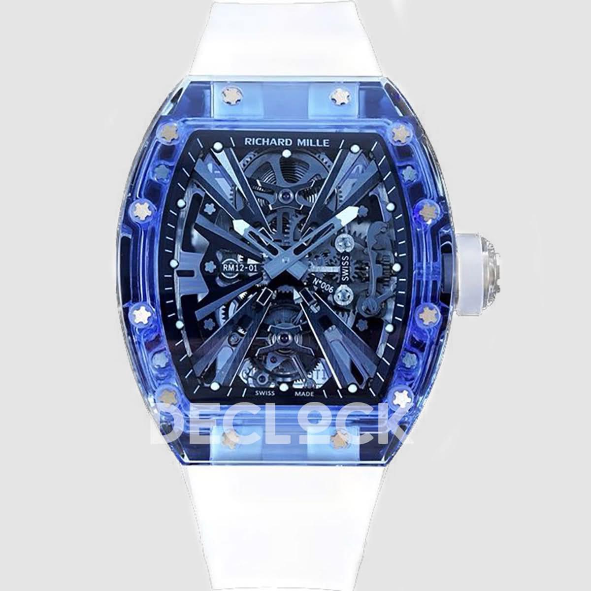 Replica Richard Mille RM 012-01 Tourbillon Blue Sapphire on Transparent Rubber Strap |  Declock.