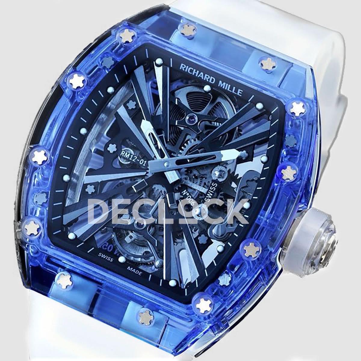 Replica Richard Mille RM 012-01 Tourbillon Blue Sapphire on Transparent Rubber Strap |  Declock.