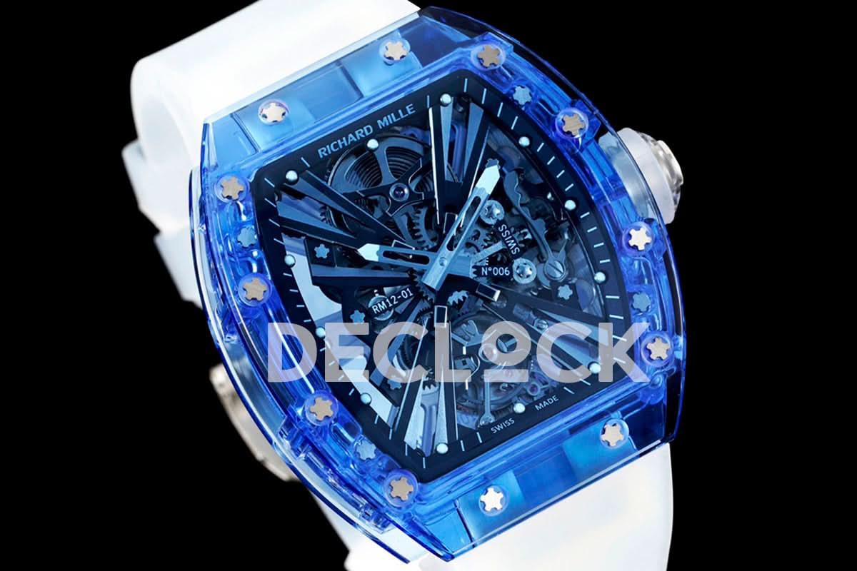 Replica Richard Mille RM 012-01 Tourbillon Blue Sapphire on Transparent Rubber Strap |  Declock.