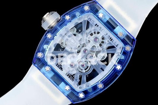 Replica Richard Mille RM 012-01 Tourbillon Blue Sapphire on Transparent Rubber Strap | Declock.