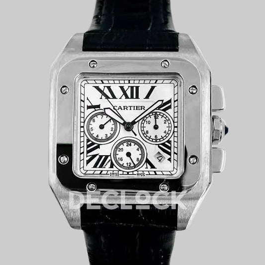 Replica Cartier Santos 100 XL Chronograph White Dial in Steel |  Declock.