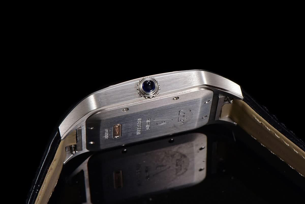 Replica Cartier Santos-Dumont (Large) Silver Dial in Steel/Rose Gold on Black Leather Strap |  Declock.