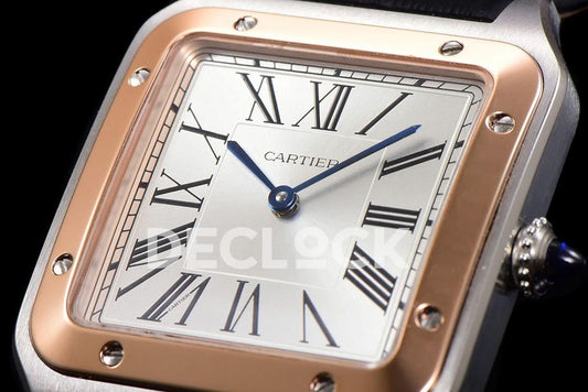 Replica Cartier Santos-Dumont (Large) Silver Dial in Steel/Rose Gold on Black Leather Strap |  Declock.
