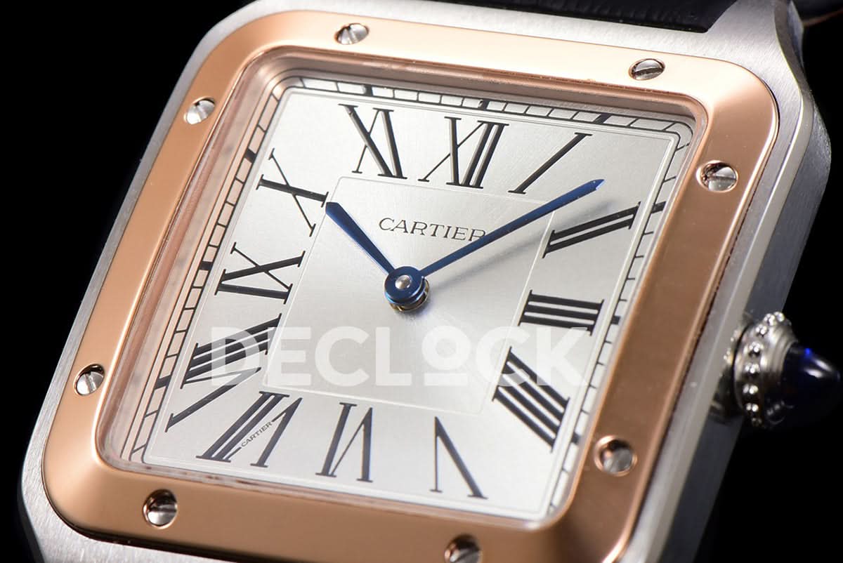 Santos-Dumont (S) Silver Dial in Steel/Rose Gold on Black Leather Strap