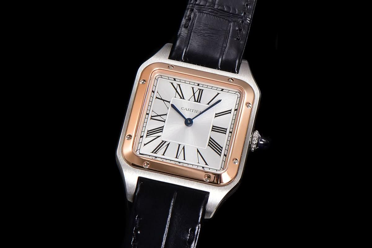 Replica Cartier Santos-Dumont (Large) Silver Dial in Steel/Rose Gold on Black Leather Strap |  Declock.