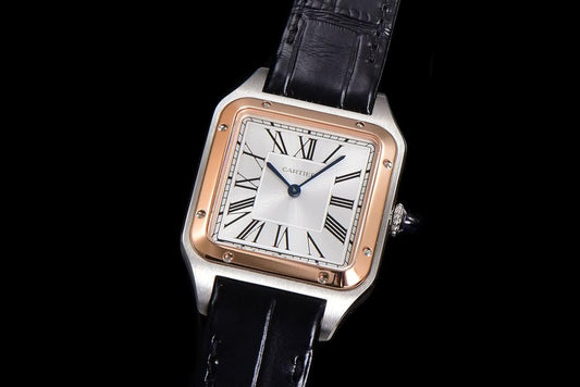 Replica Cartier Santos-Dumont (Large) Silver Dial in Steel/Rose Gold on Black Leather Strap |  Declock.
