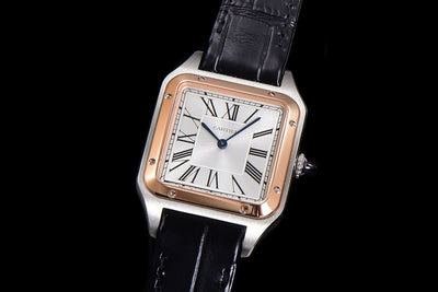 Santos-Dumont (S) Silver Dial in Steel/Rose Gold on Black Leather Strap
