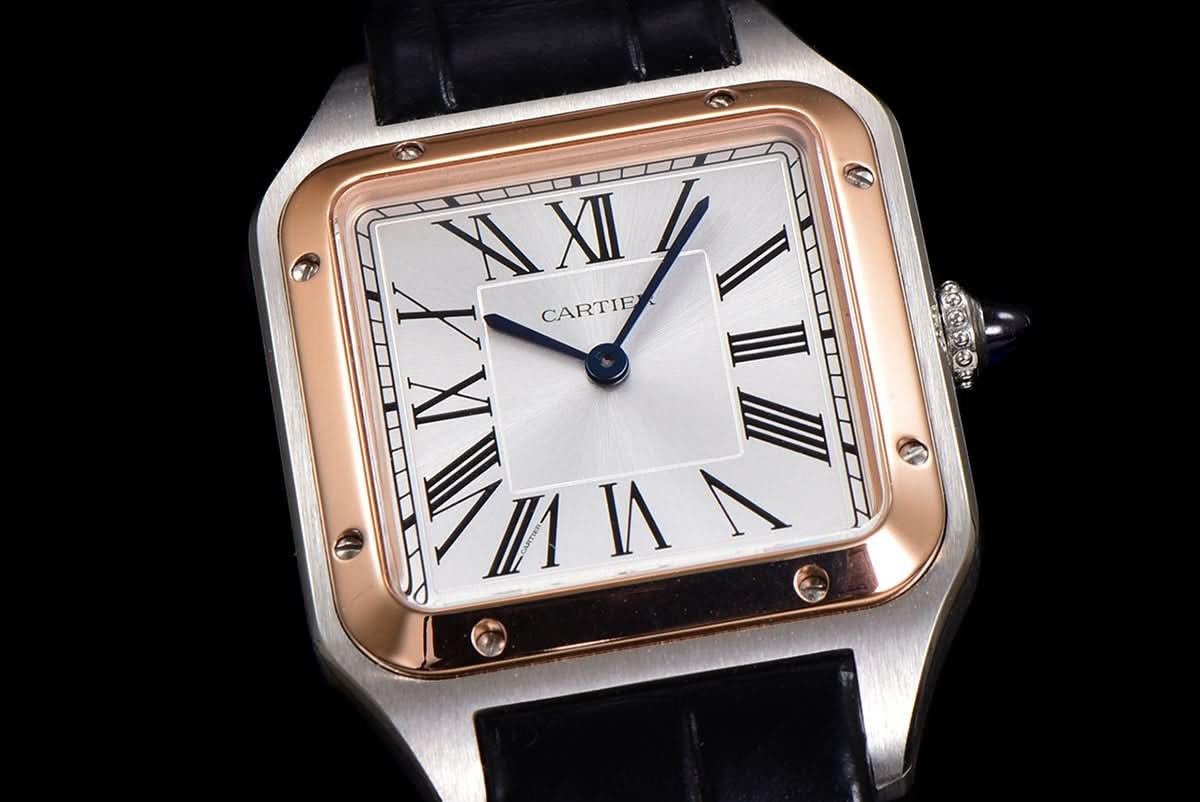 Replica Cartier Santos-Dumont (Large) Silver Dial in Steel/Rose Gold on Black Leather Strap |  Declock.