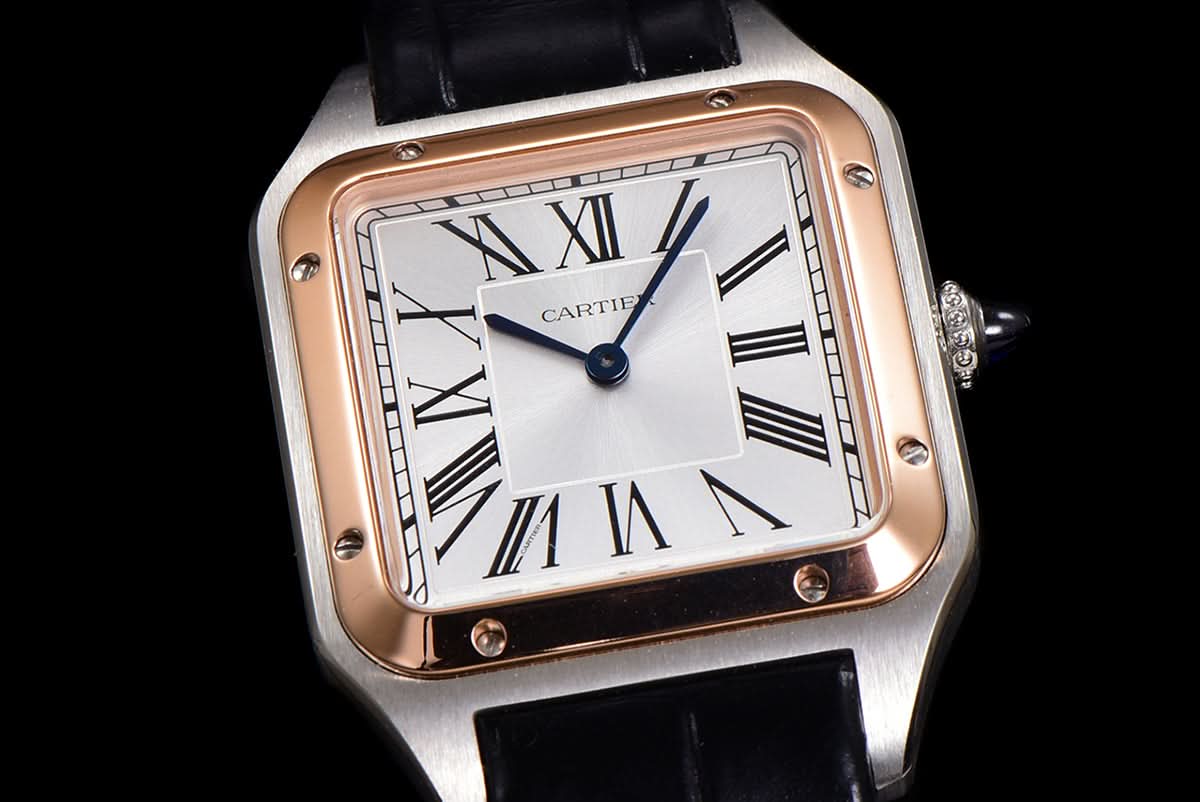 Santos-Dumont (S) Silver Dial in Steel/Rose Gold on Black Leather Strap