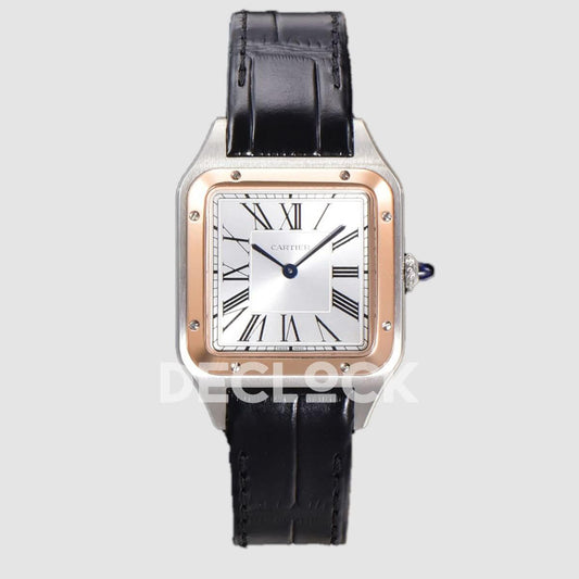 Replica Cartier Santos-Dumont (Large) Silver Dial in Steel/Rose Gold on Black Leather Strap |  Declock.