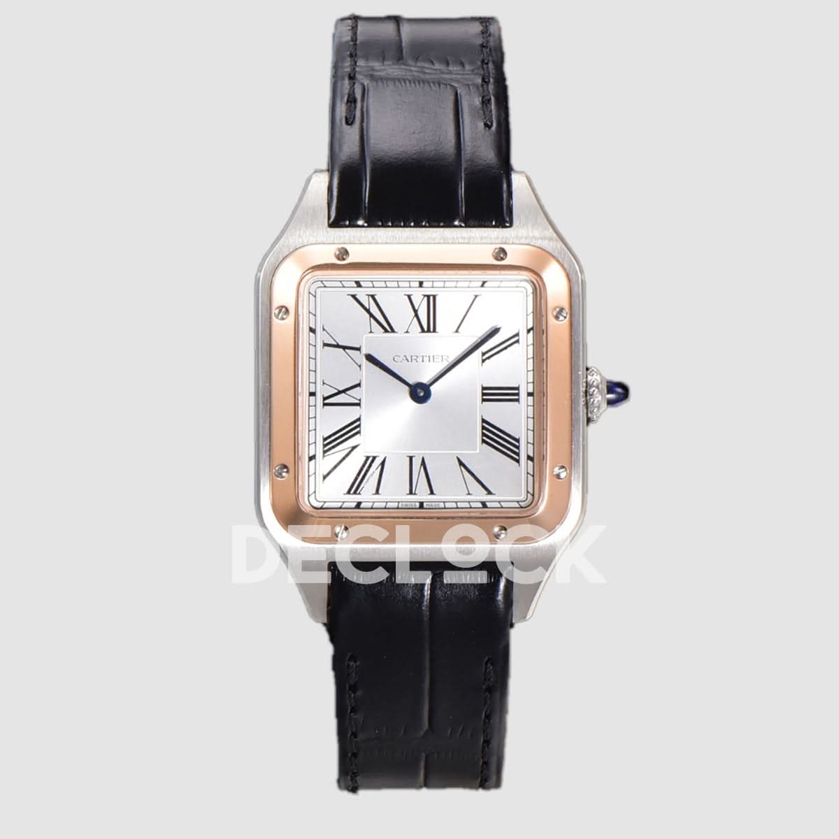 Santos-Dumont (S) Silver Dial in Steel/Rose Gold on Black Leather Strap