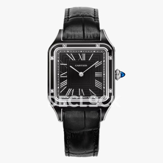 Replica Cartier Santos Dumont (Large) Black Dial Black Bezel on Black Leather Strap |  Declock.