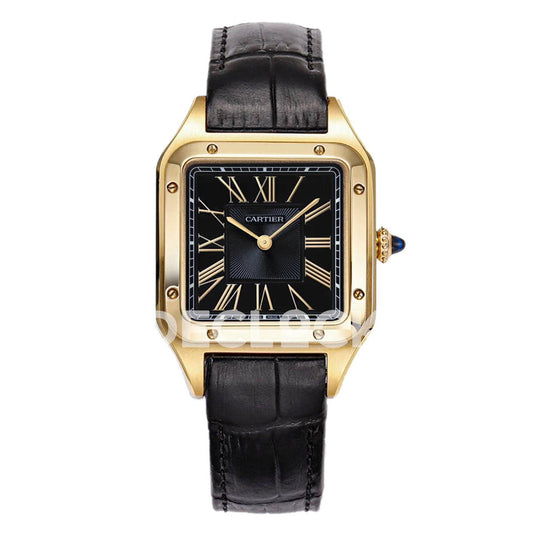 Replica Cartier Santos Dumont (Large) Black Dial Gold Bezel on Black Leather Strap |  Declock.