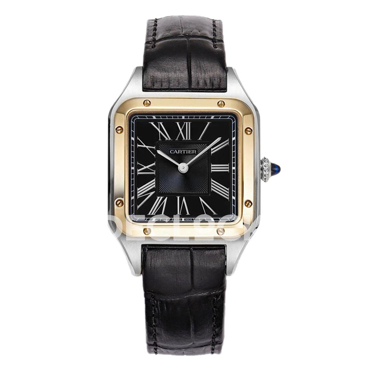Replica Cartier Santos Dumont (Large) Black Dial Two Toned Bezel on Black Leather Strap |  Declock.
