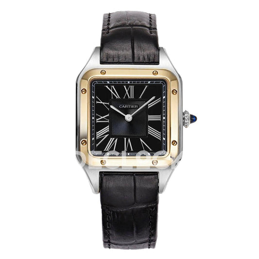 Replica Cartier Santos Dumont (Large) Black Dial Two Toned Bezel on Black Leather Strap |  Declock.