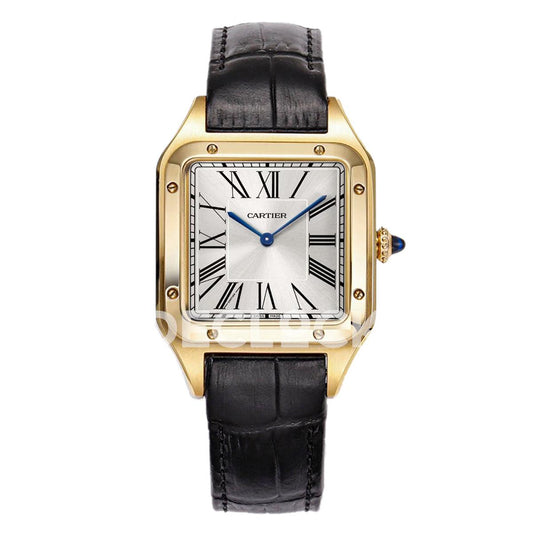 Replica Cartier Santos Dumont (Large) Silver Dial Gold on Black Leather Strap | Declock.
