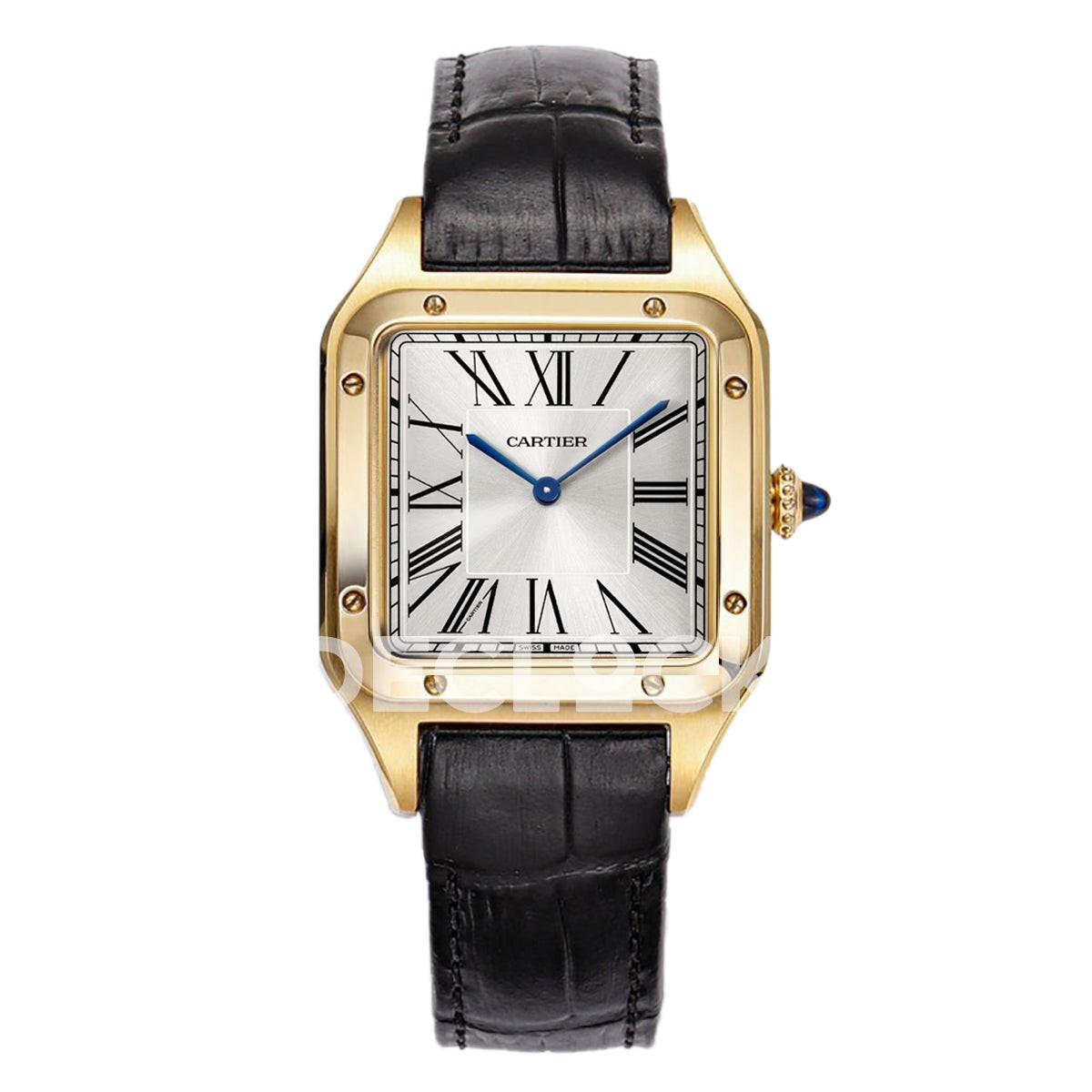Replica Cartier Santos Dumont (Large) Silver Dial Gold on Black Leather Strap |  Declock.