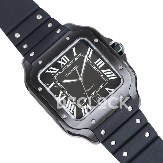Replica Cartier Santos de Cartier 40mm Black Dial in PVD on Black Rubber Strap |  Declock.