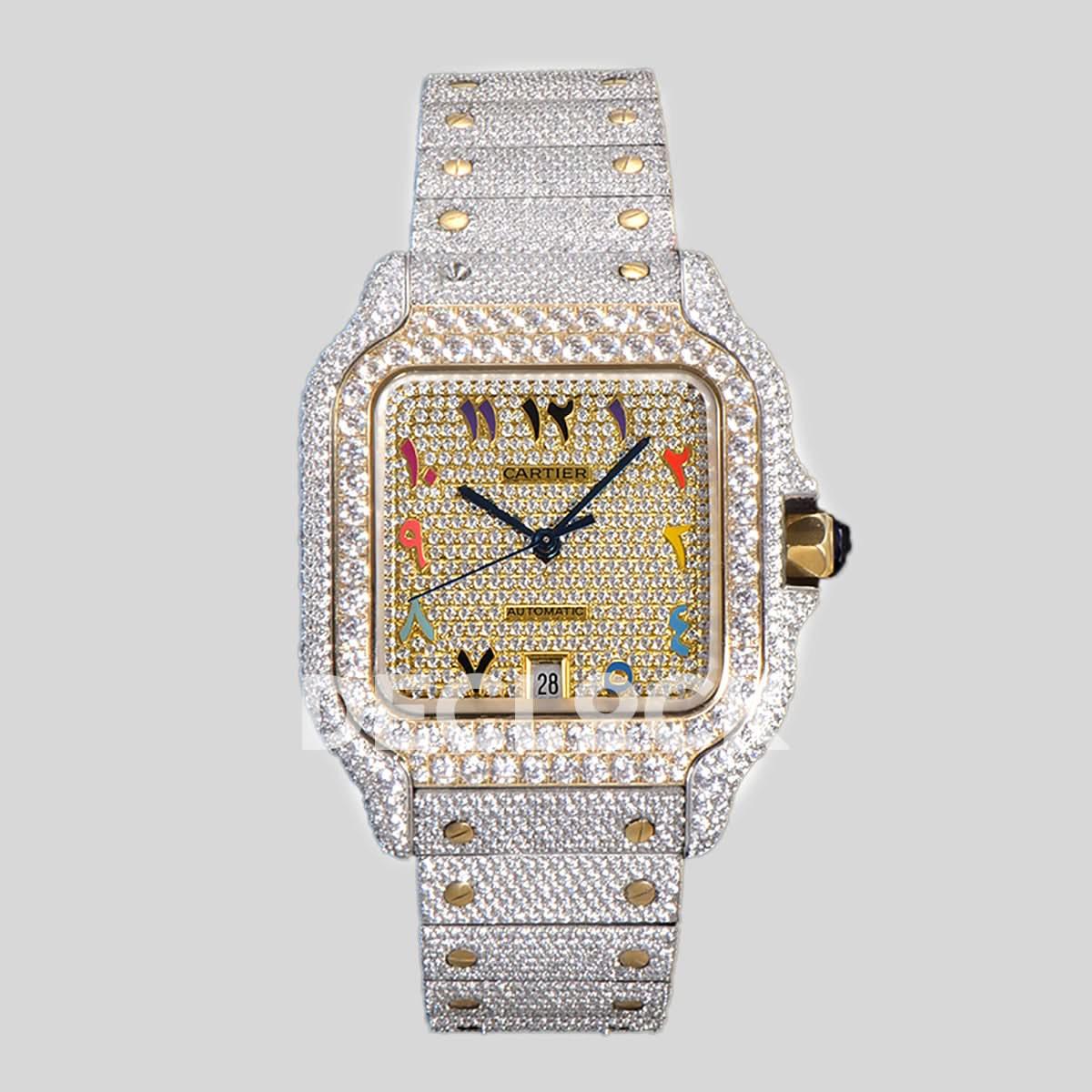 Replica Cartier Santos de Cartier 40mm Diamond Paved Dial with Colourful Arabic Markers in Steel/Yellow Gold |  Declock.
