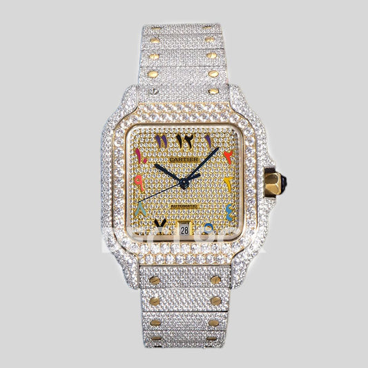 Replica Cartier Santos de Cartier 40mm Diamond Paved Dial with Colourful Arabic Markers in Steel/Yellow Gold |  Declock.