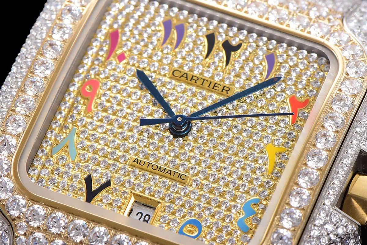 Replica Cartier Santos de Cartier 40mm Diamond Paved Dial with Colourful Arabic Markers in Steel/Yellow Gold |  Declock.