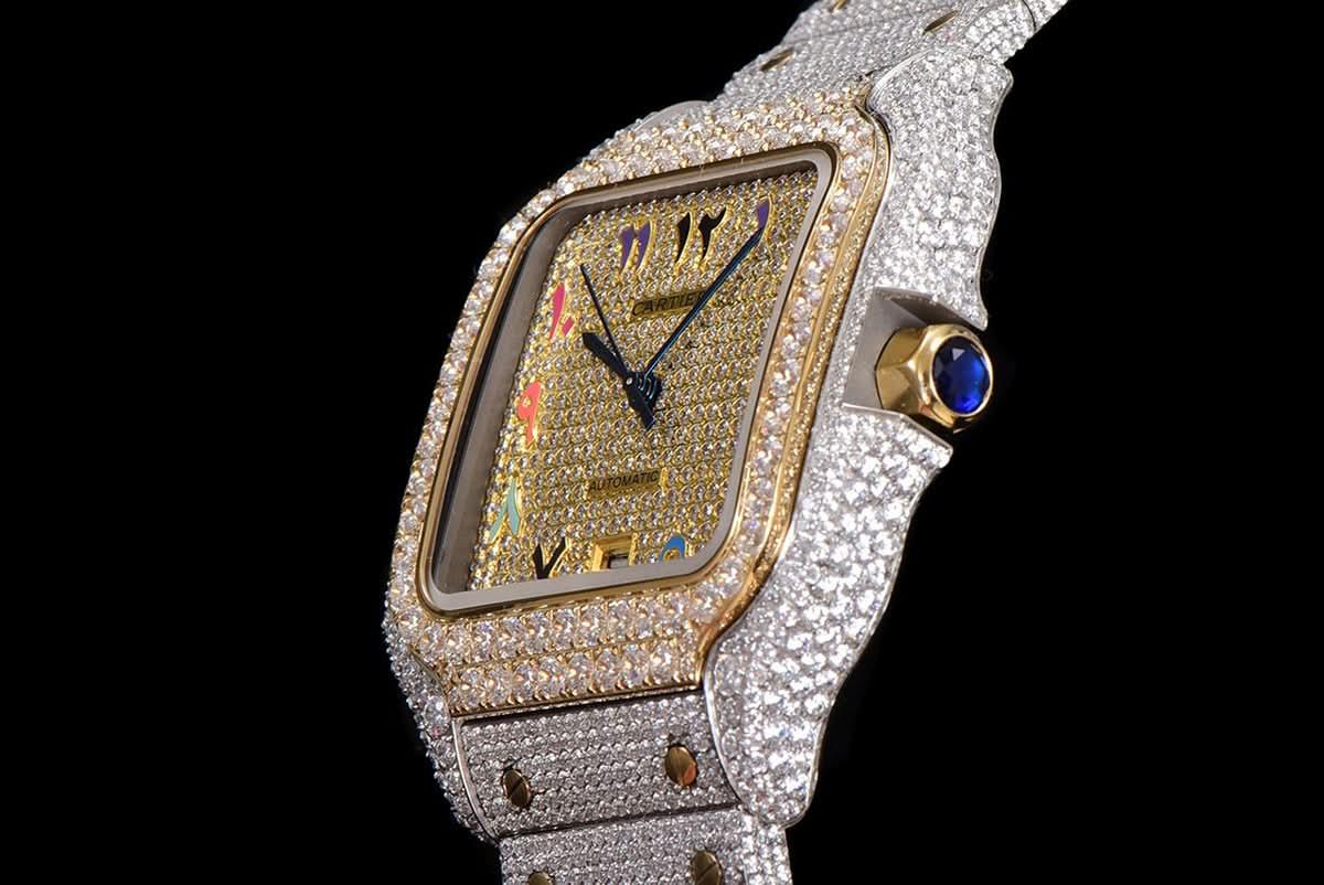 Replica Cartier Santos de Cartier 40mm Diamond Paved Dial with Colourful Arabic Markers in Steel/Yellow Gold |  Declock.